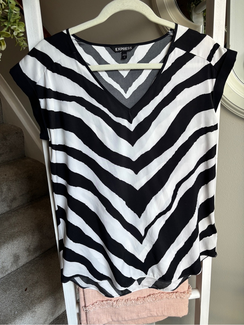 Express Black and White V-Neck Zebra Stripe Blouse - Size S